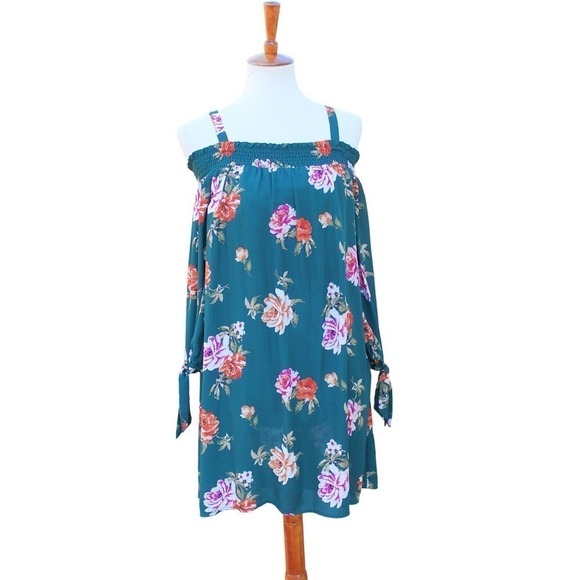 As U Wish Green Floral Off The Shoulder Floral Boho Dress Women Size Large - Picture 1 of 5